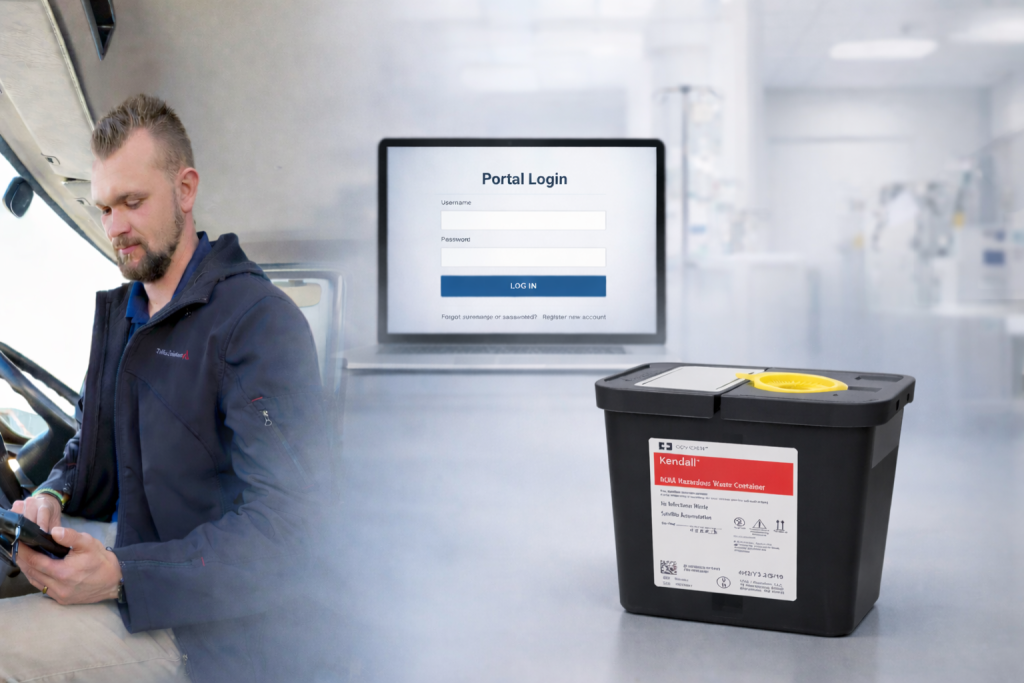 EPA e-Manifest portal with medical and hazardous waste containers and TriHaz Solutions driver